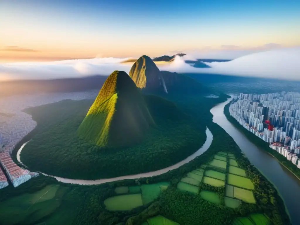 Espléndida ciudad latinoamericana: mezcla de modernidad y naturaleza Vista aérea impactante de ciudad latinoamericana con rascacielos, naturaleza exuberante y ríos