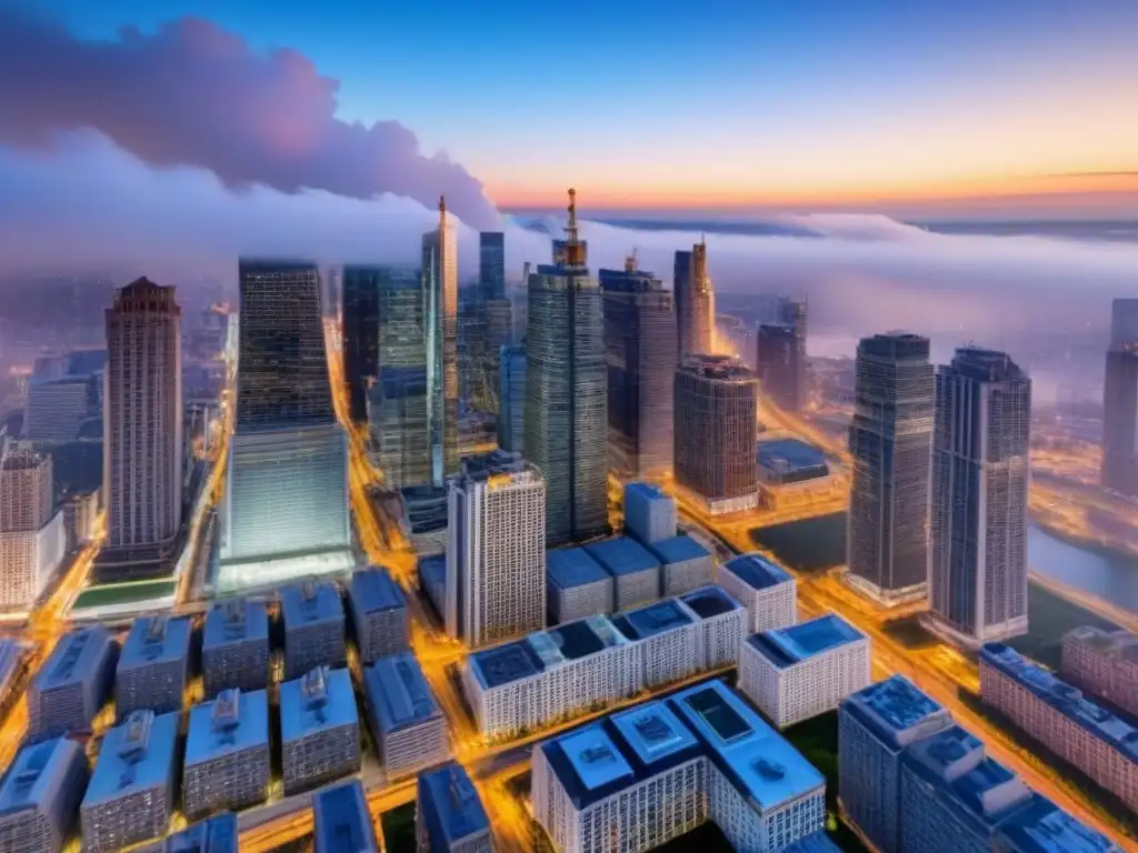 Desarrollo inmobiliario: ciudad dinámica y moderna Vista aérea impactante de una ciudad con rascacielos modernos y obras, reflejando el dinamismo del desarrollo inmobiliario urbano en América
