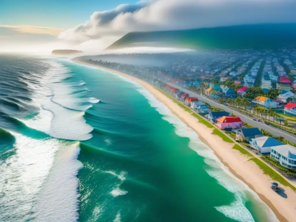 Costa urbana: belleza y riesgo en imágenes aéreas Vista aérea impactante de ciudad costera con edificios coloridos junto al mar y olas poderosas rompiendo en un muro de contención
