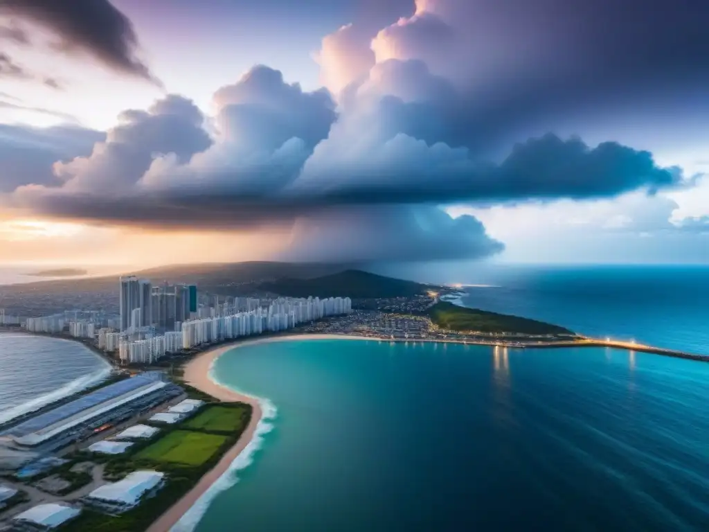 Cityscape moderno en zona de alto riesgo: tormenta al atardecer Vista aérea impactante de ciudad costera al atardecer con edificios modernos, en una zona de alto riesgo para seguro inmobiliario zonas riesgo análisis
