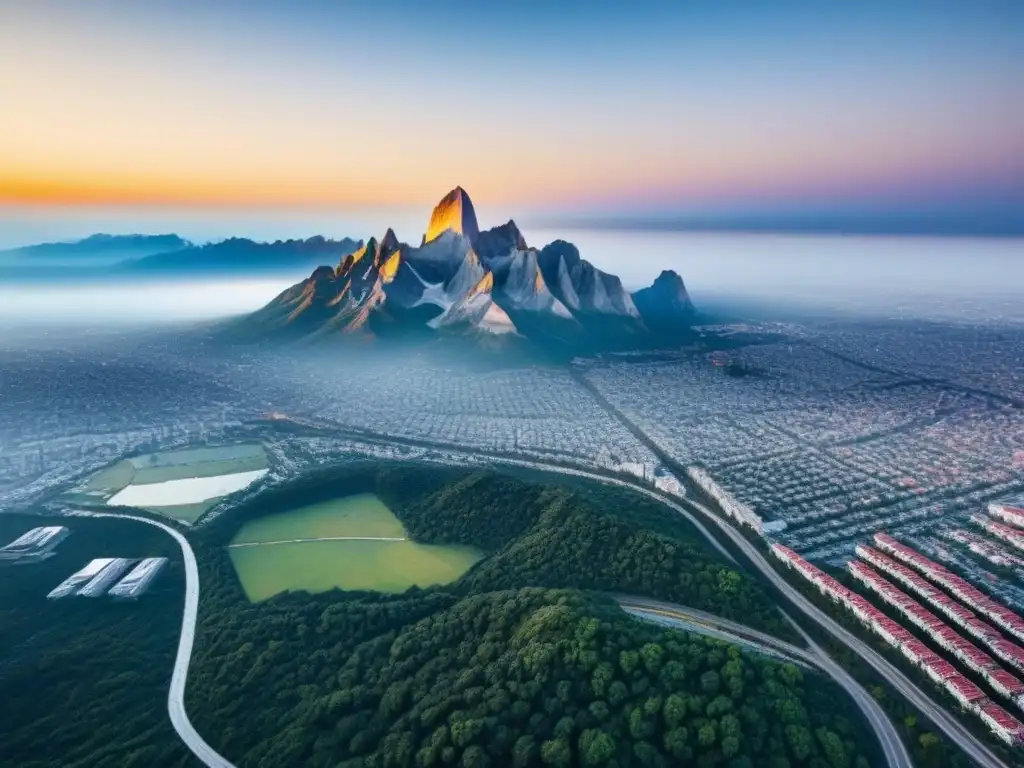 Metrópolis moderna: desarrollo urbano en zona sísmica Vista aérea impactante de una ciudad moderna con rascacielos y arquitectura elegante, reflejando el sol