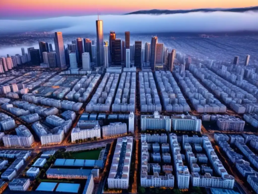 Metrópolis dorada: impacto de la edad en inversiones inmobiliarias Vista aérea impactante de ciudad con rascacielos proyectando sombras al atardecer, reflejando impacto envejecimiento poblacional bienes raíces