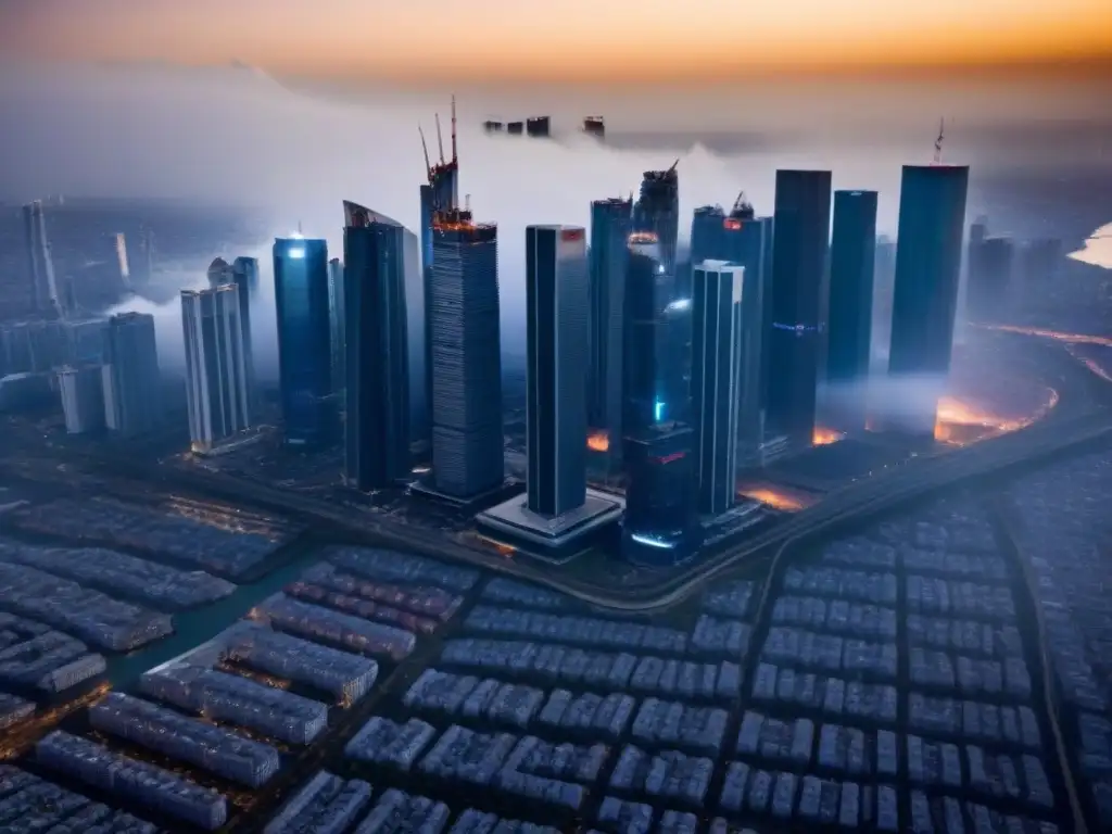 Resiliencia urbana: contraste entre modernidad y riesgos naturales Vista aérea impactante de una ciudad moderna entre rascacielos y zonas vulnerables, resaltando la importancia de los seguros propiedades zonas riesgo
