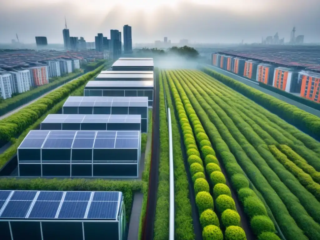 Arquitectura sostenible: ciudad moderna y eficiente Vista aérea impactante de una ciudad con edificios modernos y eficientes, orientados para eficiencia energética y sostenibilidad urbana