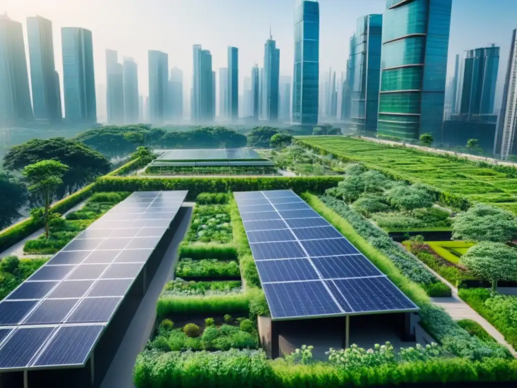 Arquitectura verde: ciudad moderna con edificios sostenibles Vista aérea impactante de una ciudad con edificaciones verdes integradas en un paisaje urbano