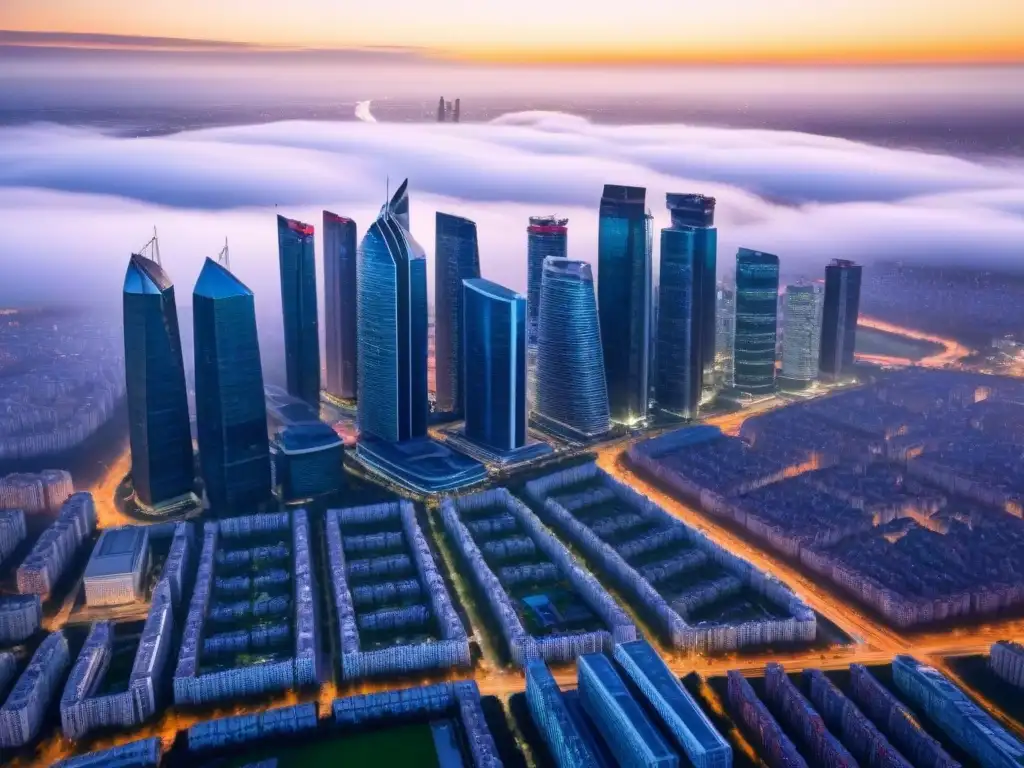 Metrópolis futurista: luces y sombras en Europa del Este Vista aérea impactante de una ciudad futurista en Europa del Este, con rascacielos modernos, calles bulliciosas y parques urbanos verdes
