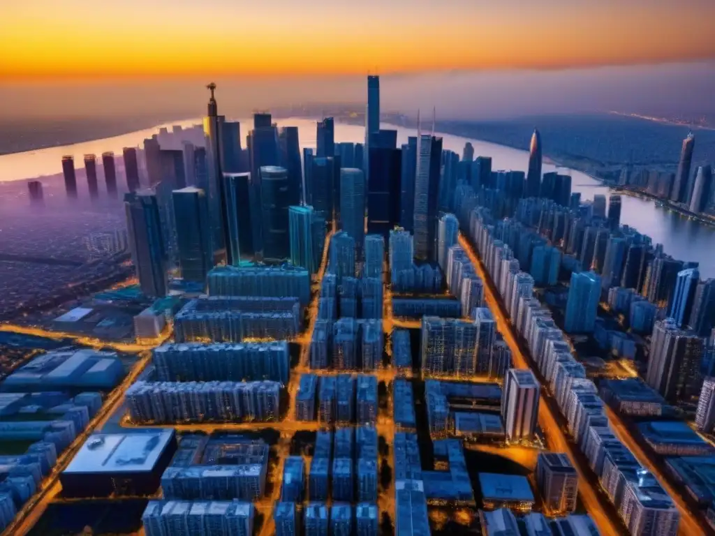 Metrópolis moderna al atardecer: lujo y éxito en bienes raíces Vista aérea impactante de una ciudad bulliciosa al atardecer, con rascacielos modernos y edificios residenciales de lujo