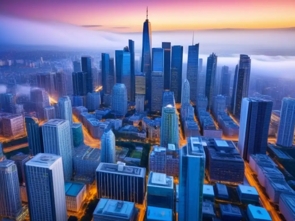 Intersección entre inversión inmobiliaria y educativa en la ciudad Vista aérea impactante de ciudad con rascacielos y universidades, mostrando relación entre inversión inmobiliaria y fluctuaciones de mercado