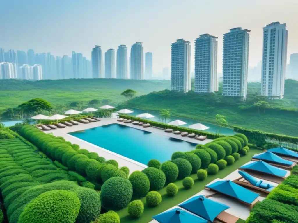 Complejo residencial de lujo: fusión urbana y natural en Asia Vista aérea impactante de un complejo residencial de lujo en Asia, fusionando sofisticación urbana y belleza natural