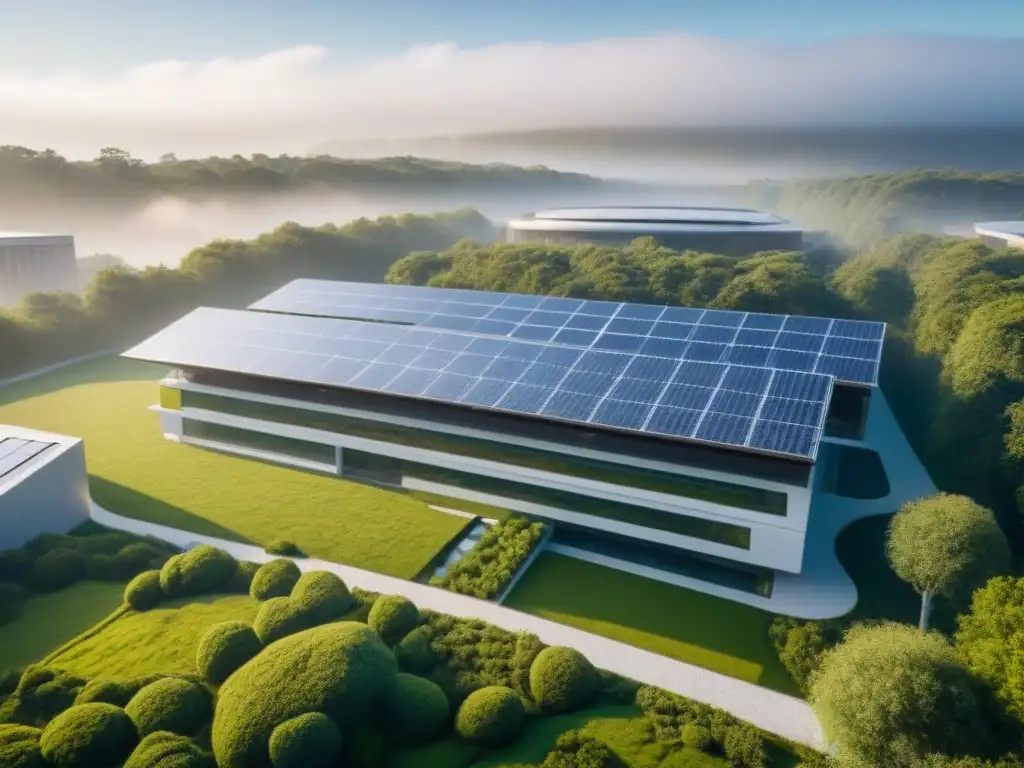 Complejo moderno sostenible: arquitectura verde con tecnología innovadora Vista aérea impactante de complejo moderno sostenible con certificaciones LEED y BREEAM, destacando arquitectura verde y eficiente