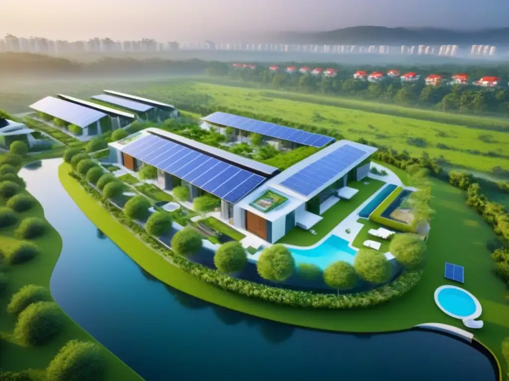 Residencial ecológico futurista: arquitectura sostenible y naturaleza en armonía Una vista aérea impactante de un complejo residencial ecoamigable, integrando arquitectura sostenible con espacios verdes