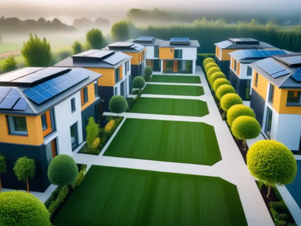 Comunidad colaborativa y sostenible en tiempos de pandemia Vista aérea impactante de comunidad cohousing moderna con innovador diseño sostenible y social distanciamiento