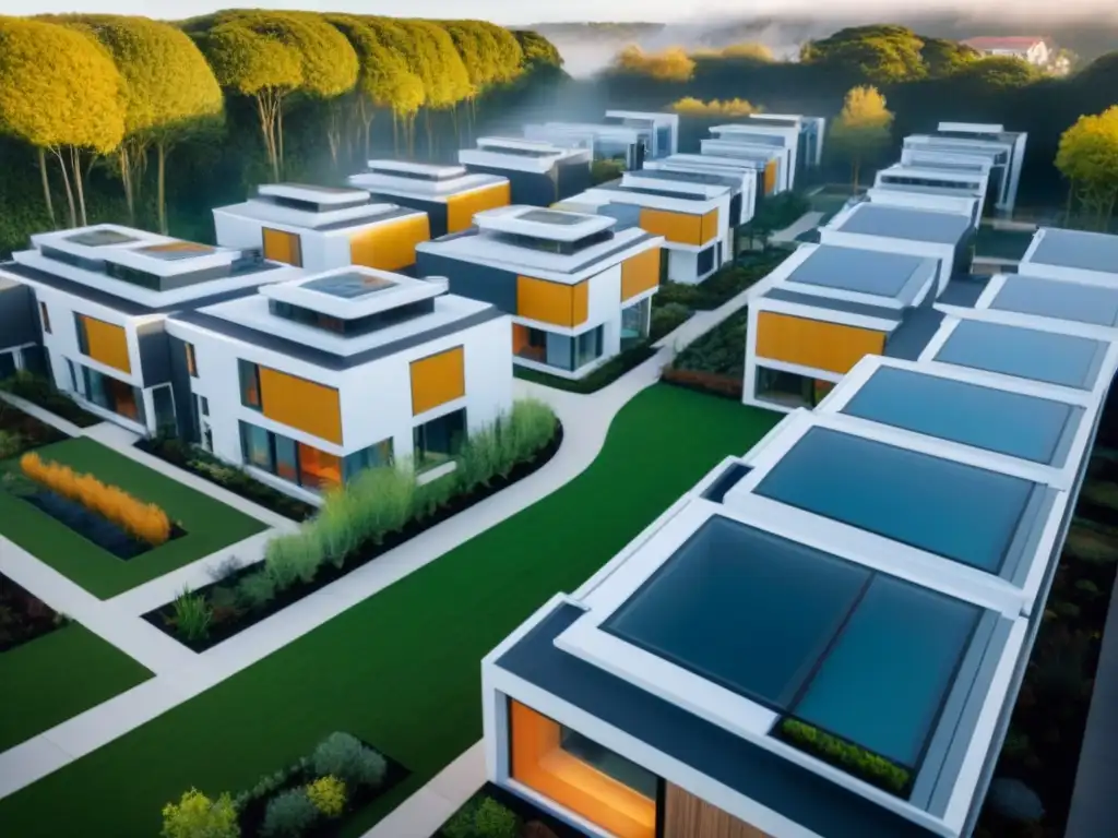 Comunidad de convivencia sostenible: arquitectura innovadora y espacios verdes Vista aérea impactante de una comunidad de cohousing moderna, reflejando la tendencia cohousing en el mercado inmobiliario