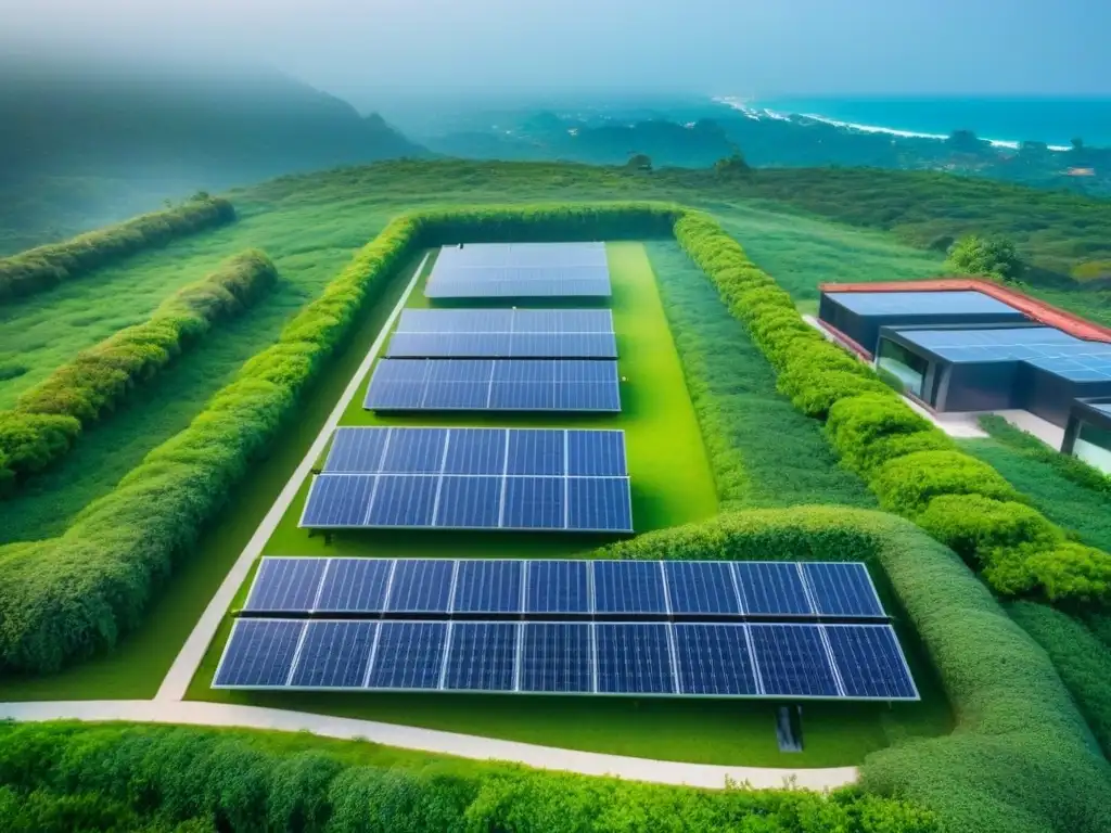 Desarrollo inmobiliario sostenible: innovación ecoamigable Vista aérea impactante de un desarrollo inmobiliario sostenible con techos verdes y paneles solares