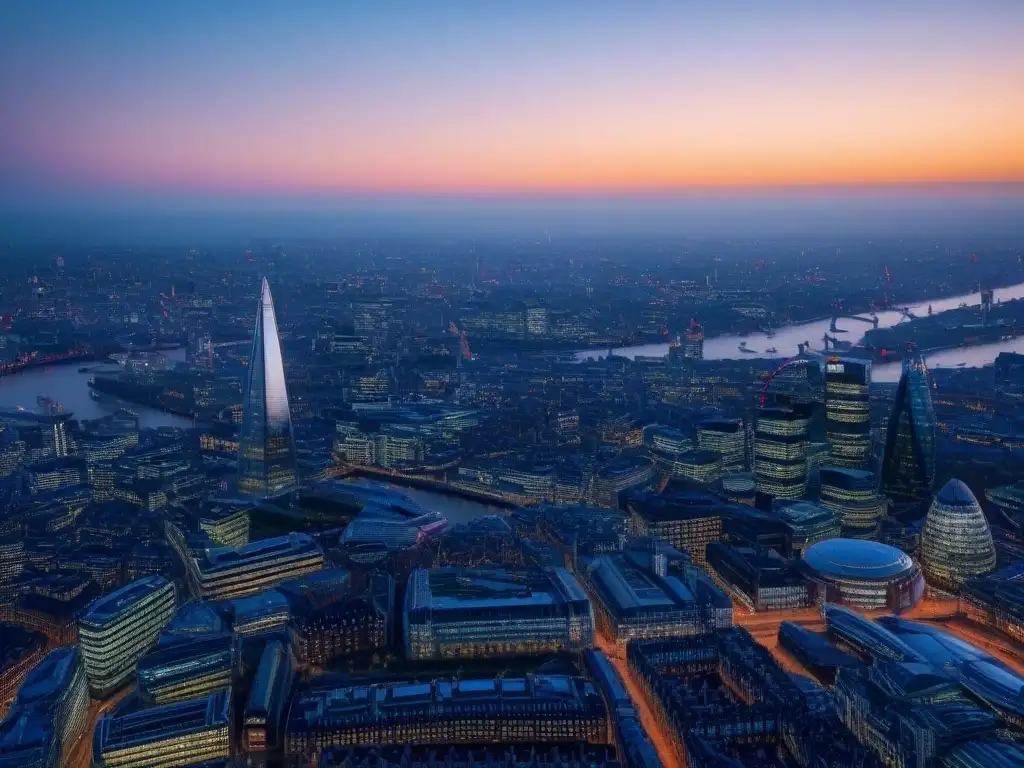 Inversión inmobiliaria estratégica en Londres: vista aérea al anochecer Vista aérea impactante de Londres al anochecer, con emblemáticos edificios iluminados, simbolizando el impacto Brexit inversión inmobiliaria global
