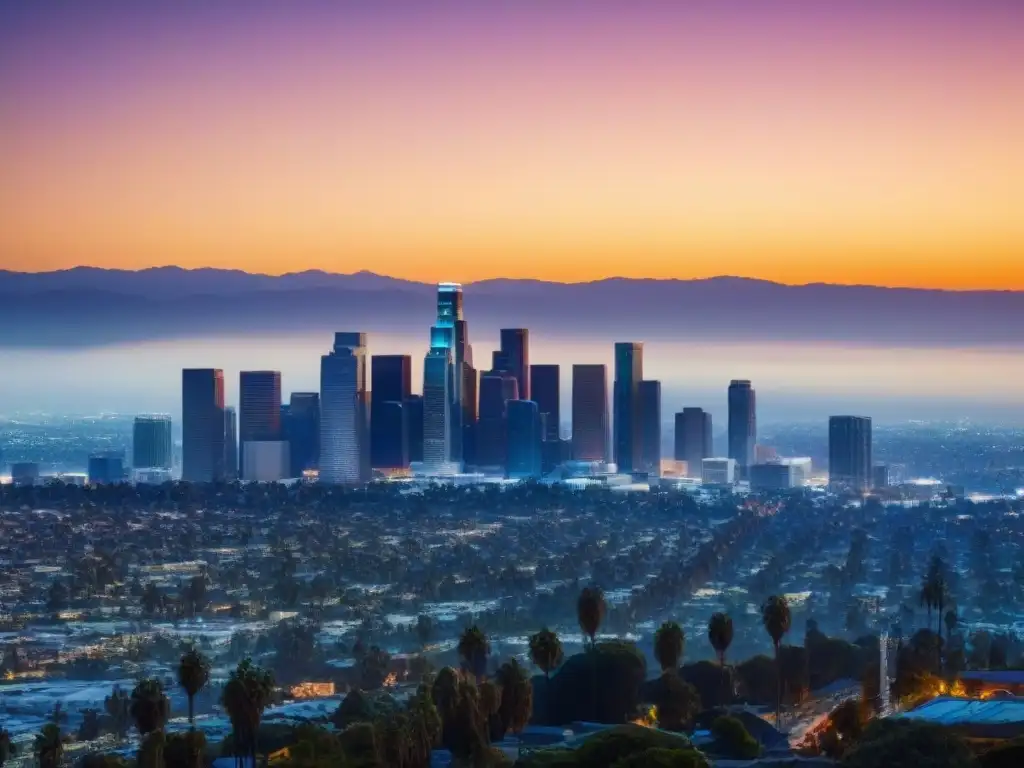 Espectacular atardecer en Los Ángeles: skyline urbano iluminado Vista aérea impactante del horizonte de Los Ángeles al anochecer, reflejando rascacielos icónicos en un vibrante atardecer