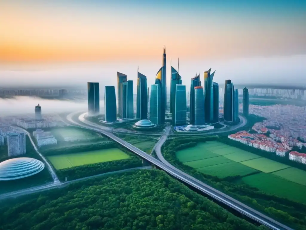 Horizonte futurista en Europa del Este: inversión inmobiliaria en auge Vista aérea impactante de un horizonte futurista en Europa del Este, con rascacielos innovadores y vegetación exuberante