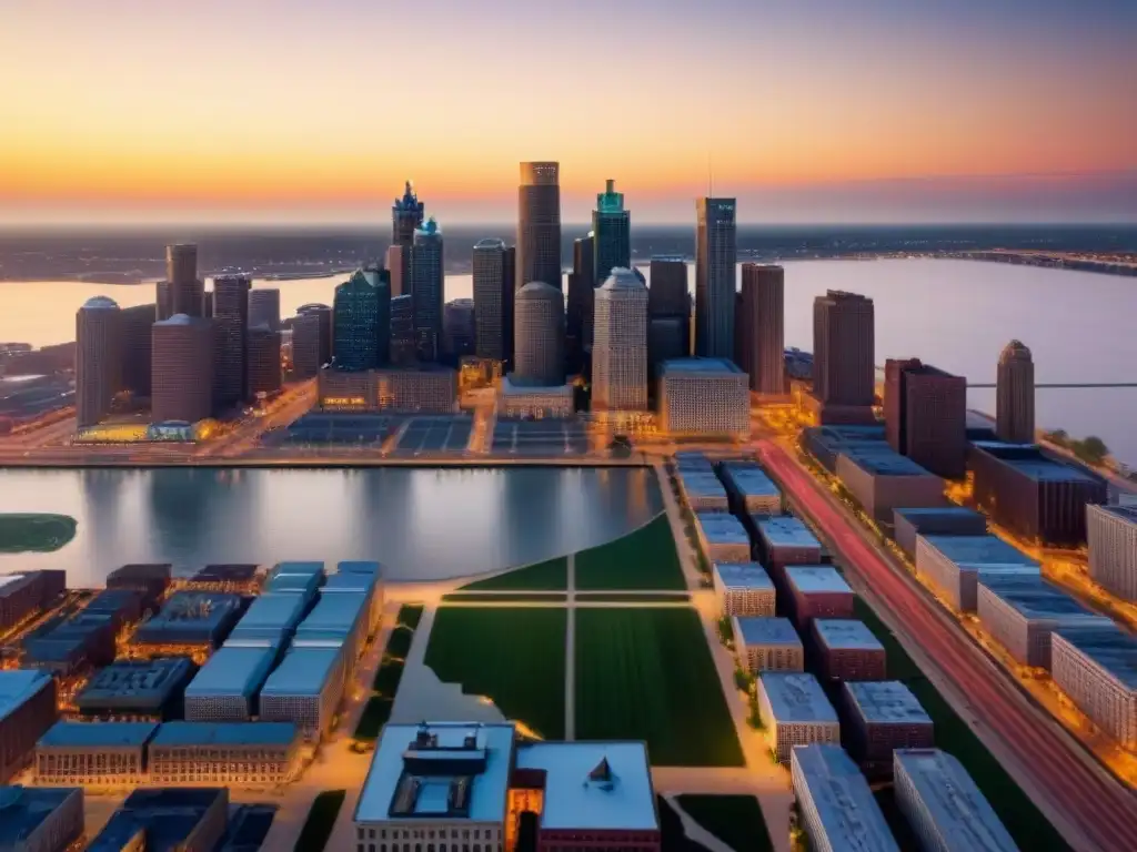 Espléndido atardecer: skyline de Detroit entre historia y modernidad Vista aérea impactante del horizonte de Detroit al atardecer, resaltando la revalorización inmobiliaria Detroit