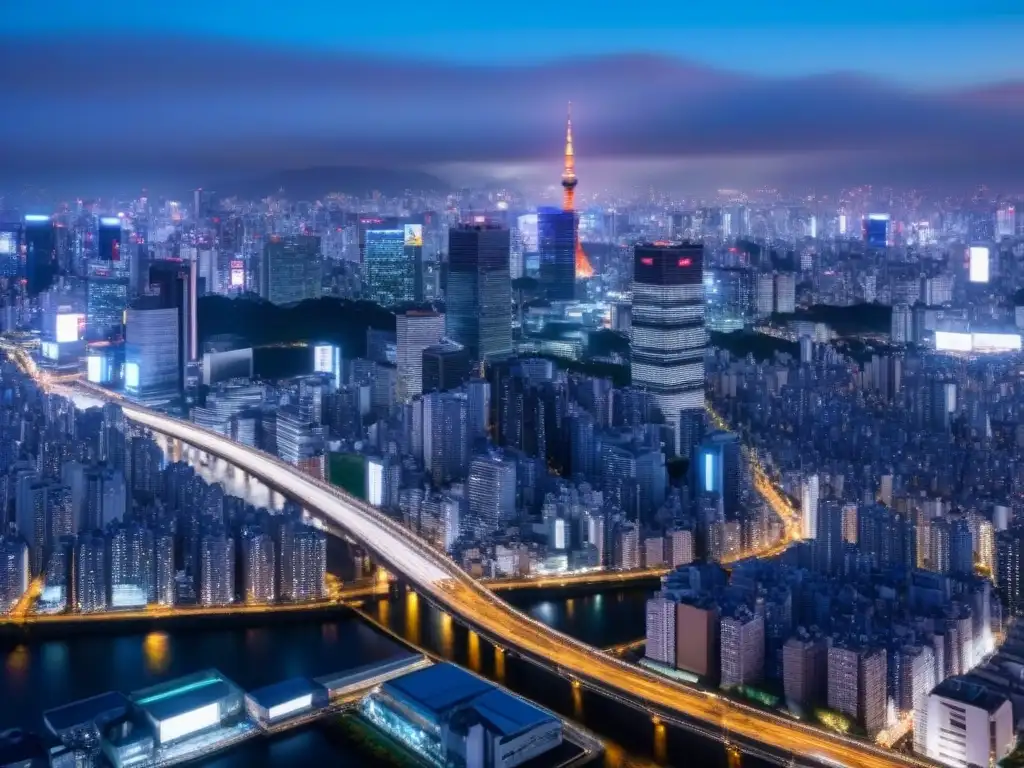 Tokyo de noche: red de infraestructuras modernas iluminadas Vista aérea impactante de Tokio: red de infraestructura moderna, rascacielos y puentes iluminados en la noche