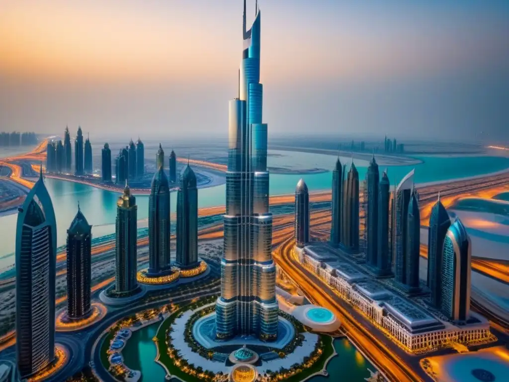 Esplendor en Dubai: Edificio de lujo con vistas panorámicas Vista aérea impactante de un lujoso edificio en el corazón del bullicioso horizonte de Dubái