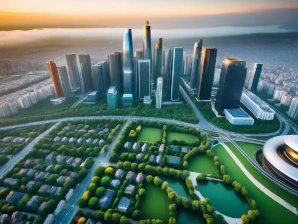 Renacimiento urbano: cielo de rascacielos postpandemia Vista aérea impactante de una metrópolis vibrante con rascacielos modernos, reflejando éxito y las Mejores estrategias salida inversión inmobiliaria