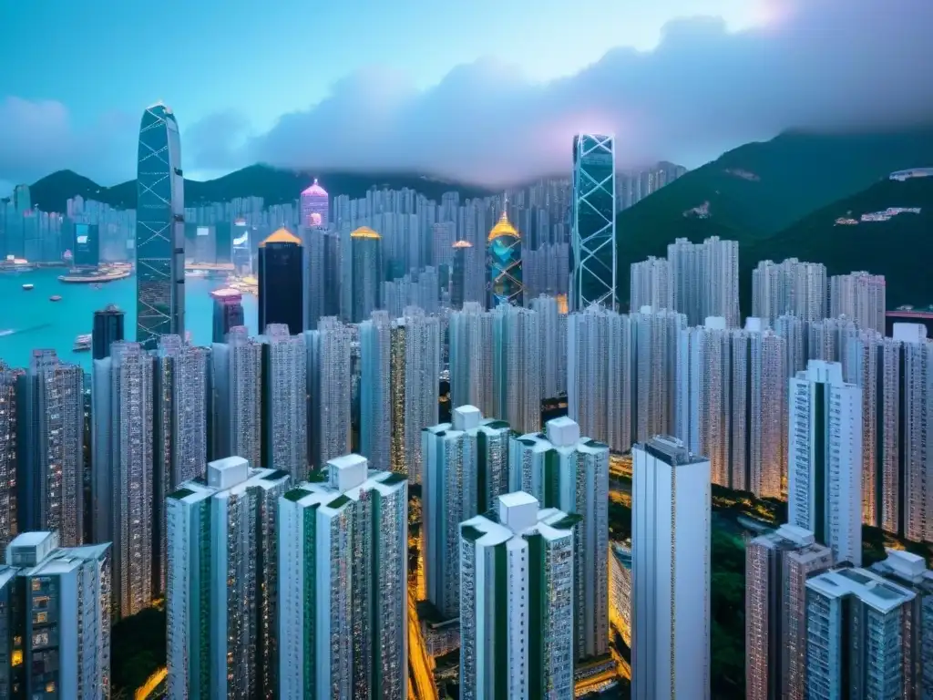 Microapartamentos en Hong Kong: innovación urbana en alta densidad Vista aérea impactante de las microviviendas en Hong Kong, mostrando la innovadora arquitectura urbana en la bulliciosa ciudad