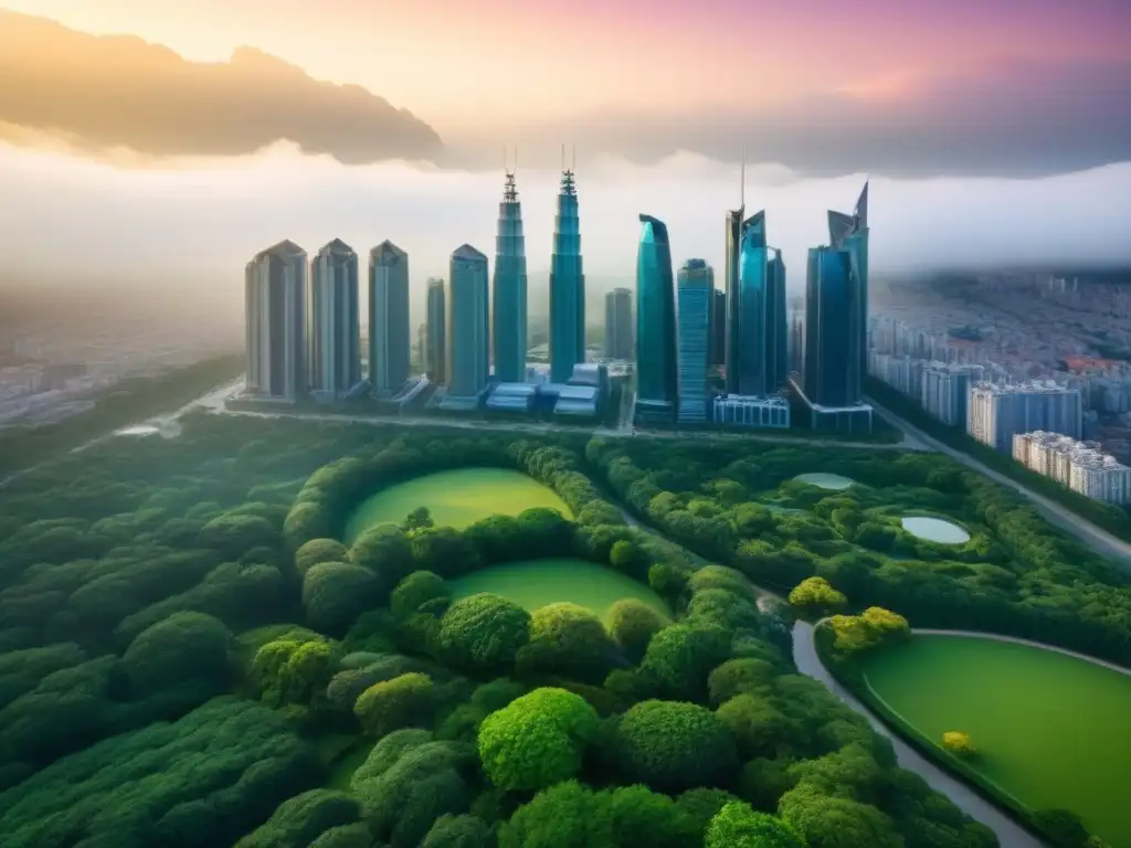 Vista aérea impactante: ciudad moderna y verde Vista aérea impactante: modernos rascacielos junto a parques verdes y barrios urbanos, simbolizando la ética en el mercado inmobiliario internacional