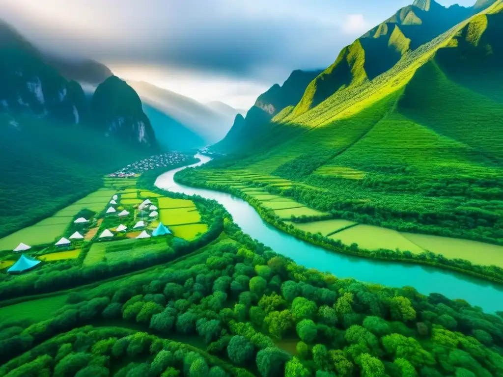 Arquitectura eco en paisaje de montaña: aventura y sostenibilidad Vista aérea impactante de montañas verdes con ríos, tiendas de aventureros y arquitectura ecológica