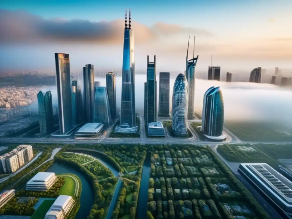 Metrópolis futurista: armonía entre rascacielos y naturaleza Vista aérea impactante de nuevos desarrollos inmobiliarios integrados con espacios verdes en una metrópoli vibrante