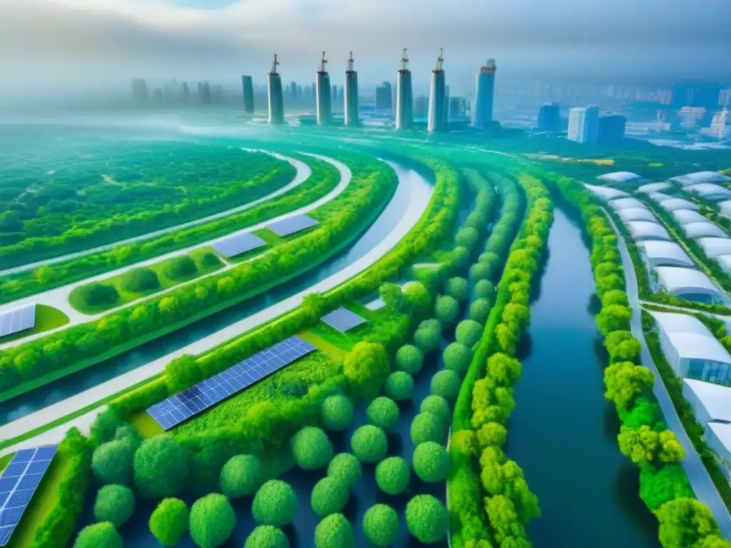 Desarrollo urbano sostenible con edificios verdes y energía renovable Vista aérea impactante de un proyecto urbano sostenible con edificios verdes, paneles solares y turbinas eólicas