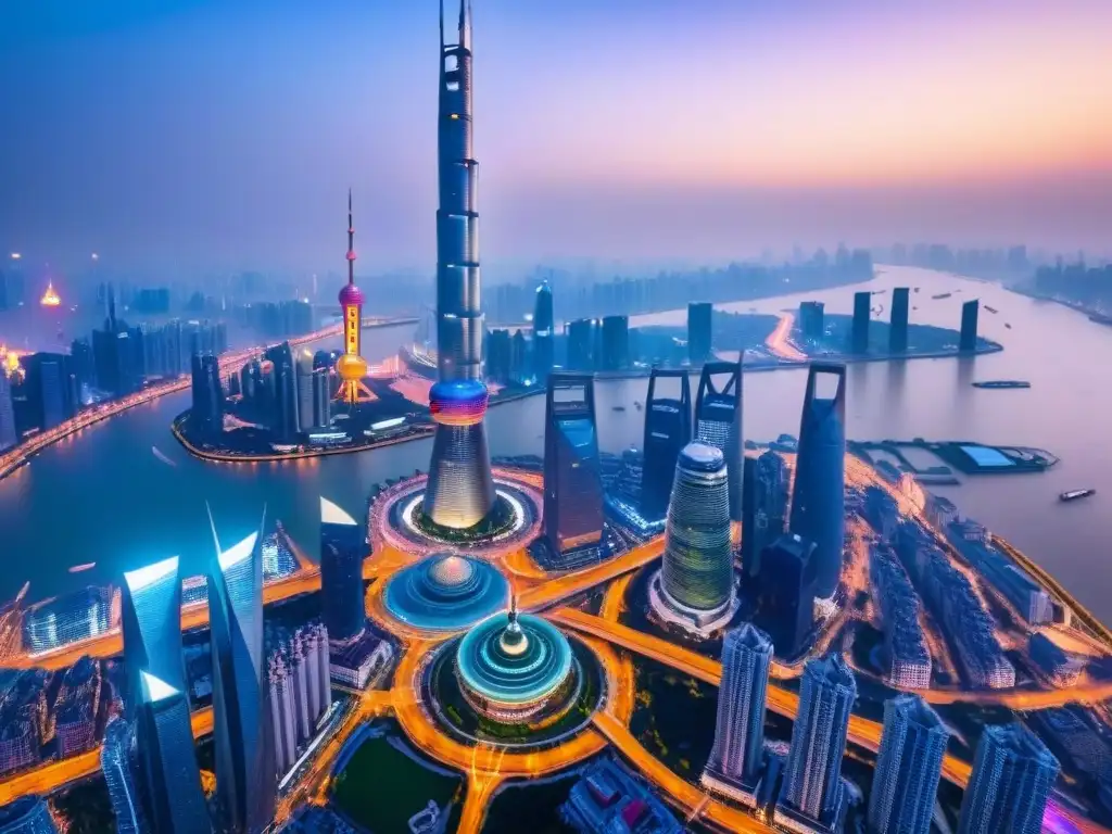 Shanghai Tower: icónica torre en la ciudad del futuro Vista aérea impactante de la icónica Torre de Shanghái entre rascacielos innovadores