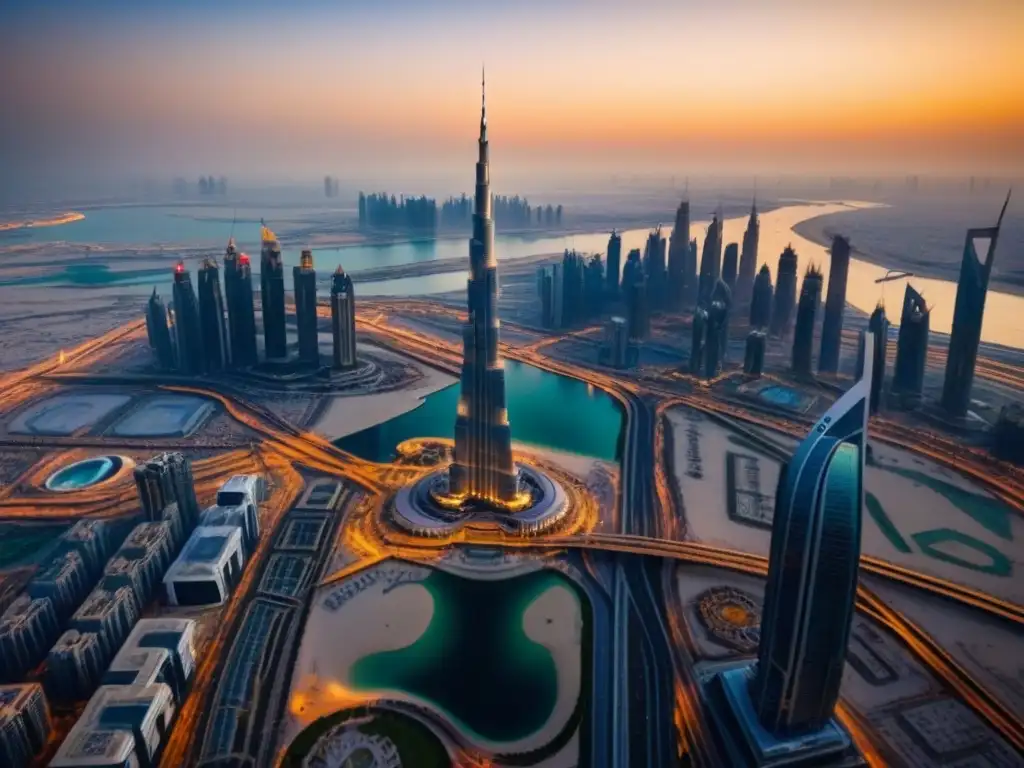Espléndido atardecer en Dubai: lujo y construcción Vista aérea impactante del skyline de Dubai al atardecer, con el Burj Khalifa y otros rascacielos rodeados de grúas y construcciones
