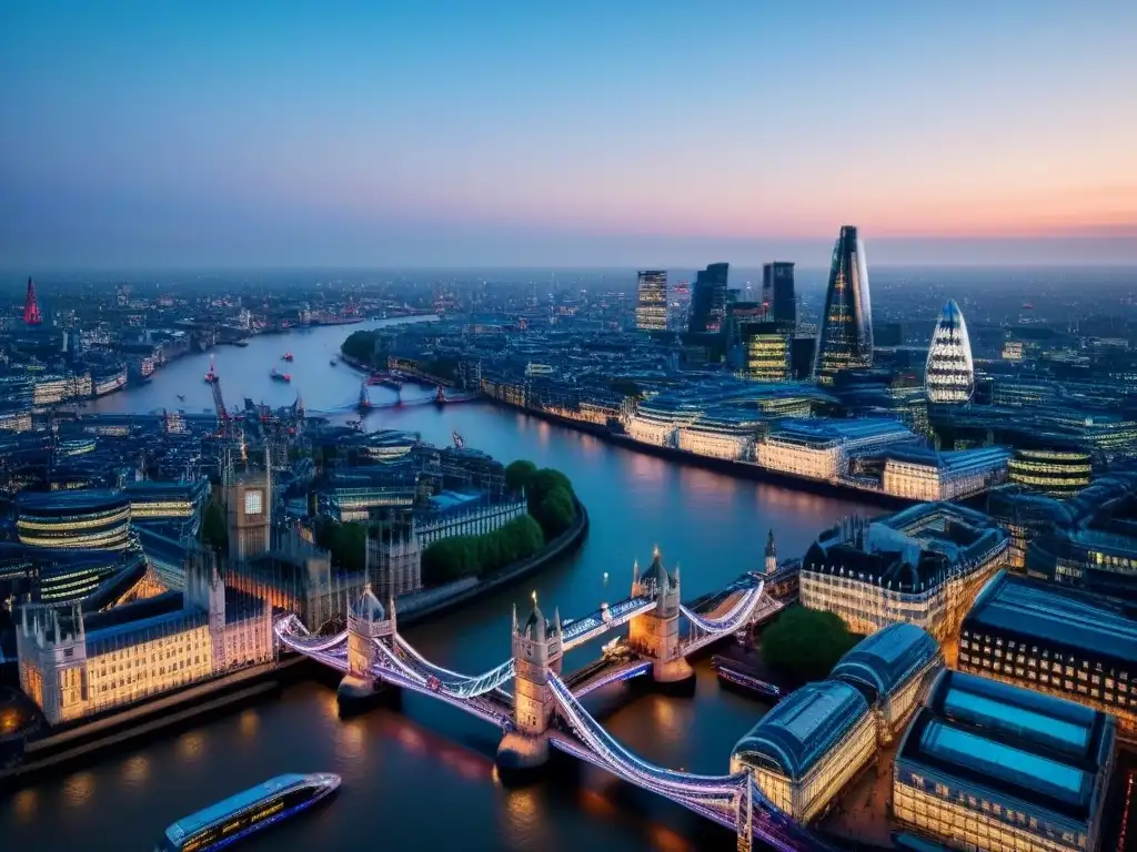 Panorámica nocturna: skyline de Londres postBrexit Vista aérea impactante de Londres al anochecer, con la Torre de Londres, el Shard y el London Eye