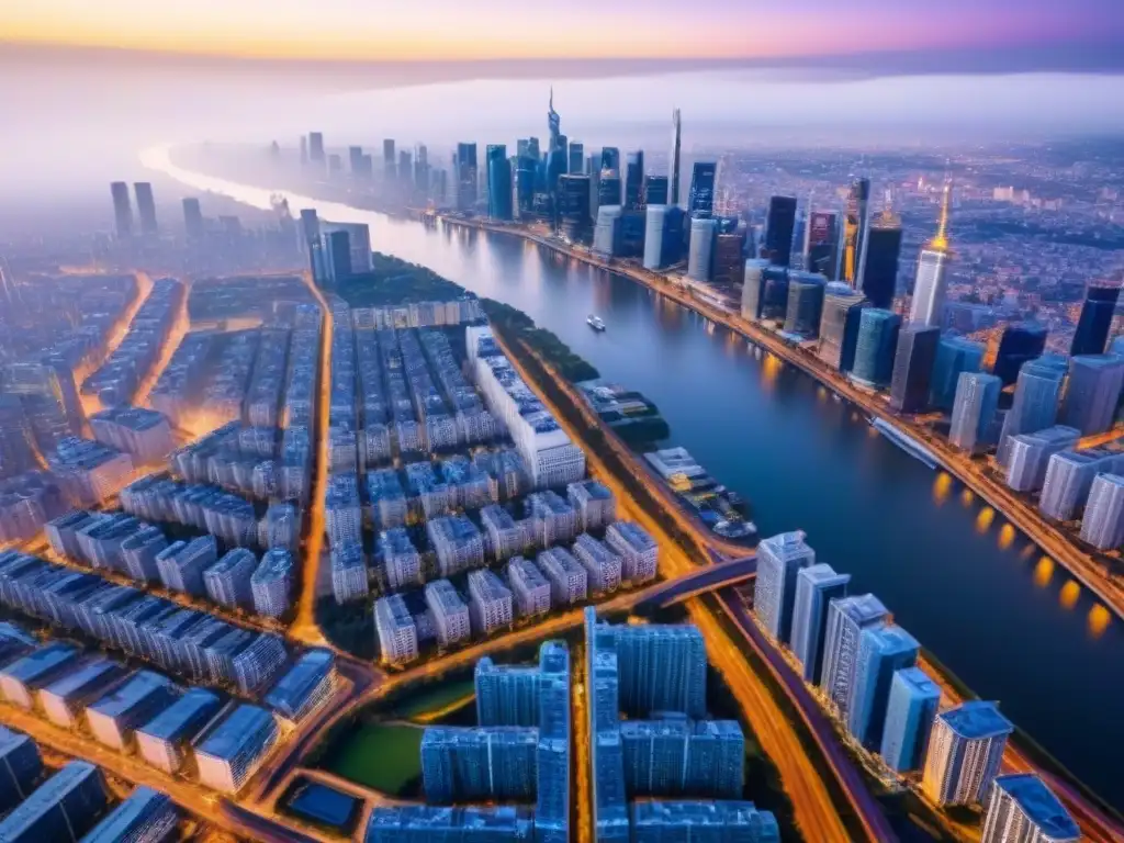 Horizonte urbano iluminado al anochecer: símbolo de sofisticación y crecimiento en el mercado inmobiliario internacional Una vista aérea impactante de un vibrante skyline urbano al anochecer, con rascacielos modernos iluminados y calles llenas de autos elegantes, reflejando luces en un río
