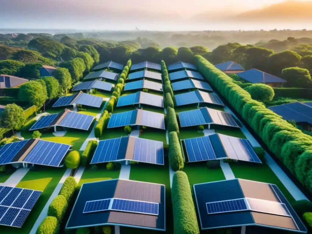 Vista aérea impactante de área residencial moderna con energía solar Vista aérea impactante de zona residencial moderna con casas contemporáneas, paneles solares y espacios verdes, integrando tecnología y naturaleza