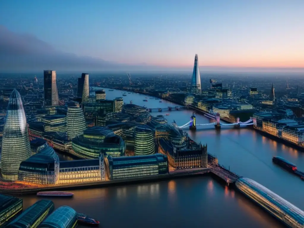 Skyline de Londres al anochecer: mercado inmobiliario en evolución Vista aérea de Londres al anochecer, reflejando el impacto del Brexit en el mercado inmobiliario de la ciudad