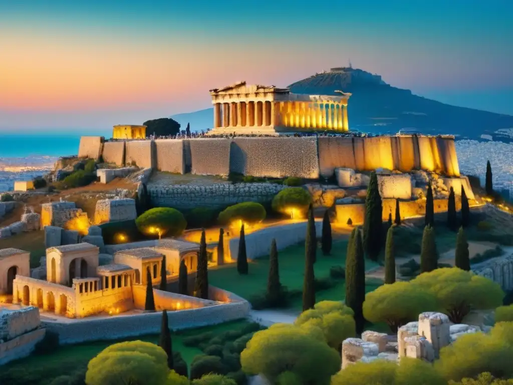Atardecer mágico en la Acrópolis: pasado y presente en armonía Una vista aérea impresionante de la Acrópolis en Atenas, Grecia, con el Parthenon destacando en el centro, en la cálida luz del atardecer