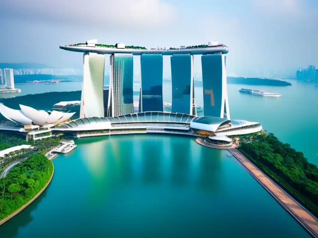 Marina Bay Sands: Arquitectura futurista y lujo en Singapur Una vista aérea impresionante de Marina Bay Sands en Singapur, con su arquitectura futurista y piscina infinita