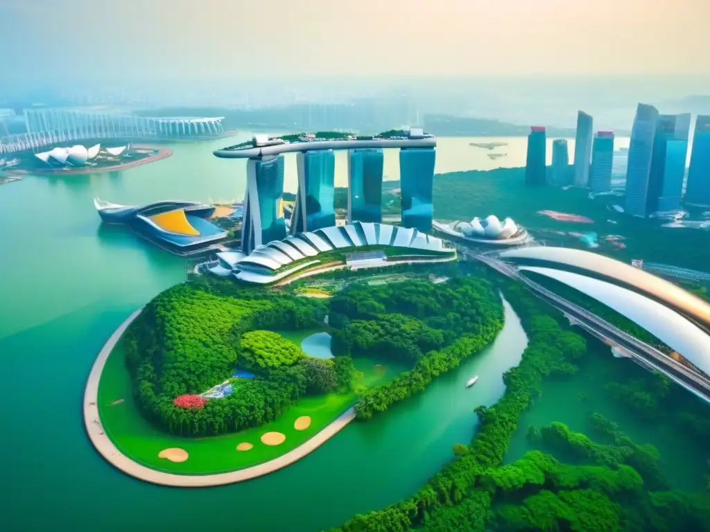 Skyline de Singapur: arquitectura moderna en armonía con la naturaleza Vista aérea impresionante de Singapur, fusionando arquitectura moderna y vegetación exuberante