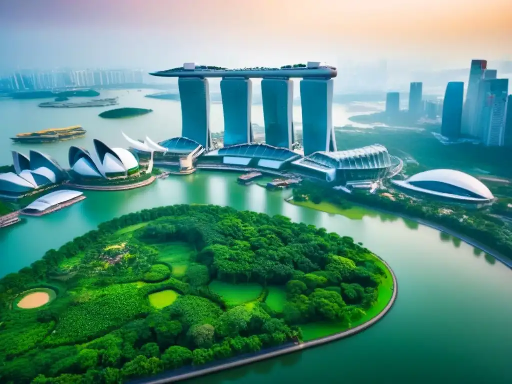 Espléndido skyline futurista de Singapur: arquitectura moderna y naturaleza Vista aérea impresionante de Singapur: arquitectura moderna y verdor en espacios urbanos de lujo Asia