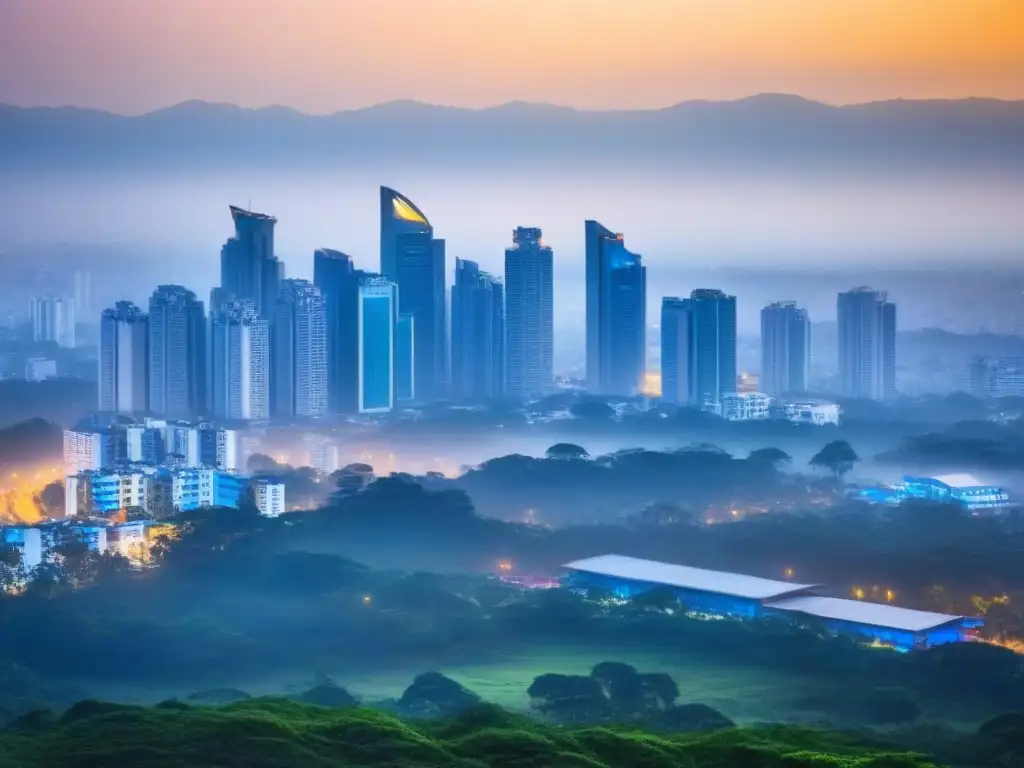 Espléndido atardecer en Bangalore: arquitectura moderna iluminada Vista aérea impresionante de Bangalore al anochecer, resaltando la arquitectura moderna de la ciudad y su bulliciosa actividad
