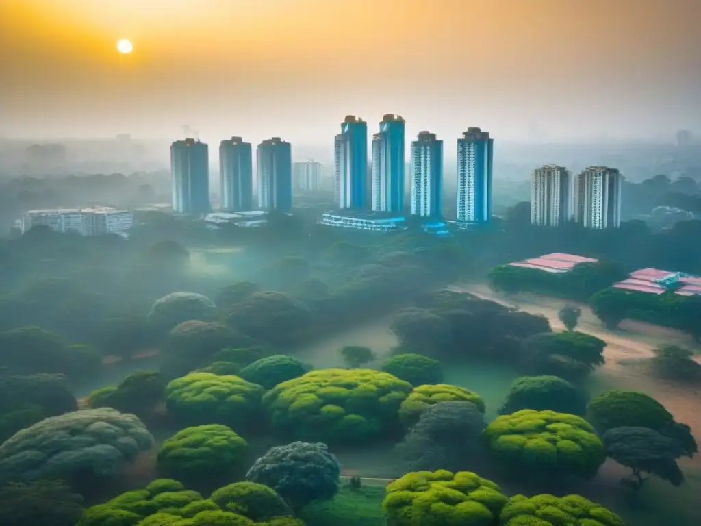 Horizonte de Bangalore al atardecer: luces urbanas y naturaleza Vista aérea impresionante del atardecer en Bangalore, con luces de la ciudad y rascacielos en contraste con la vegetación de Cubbon Park