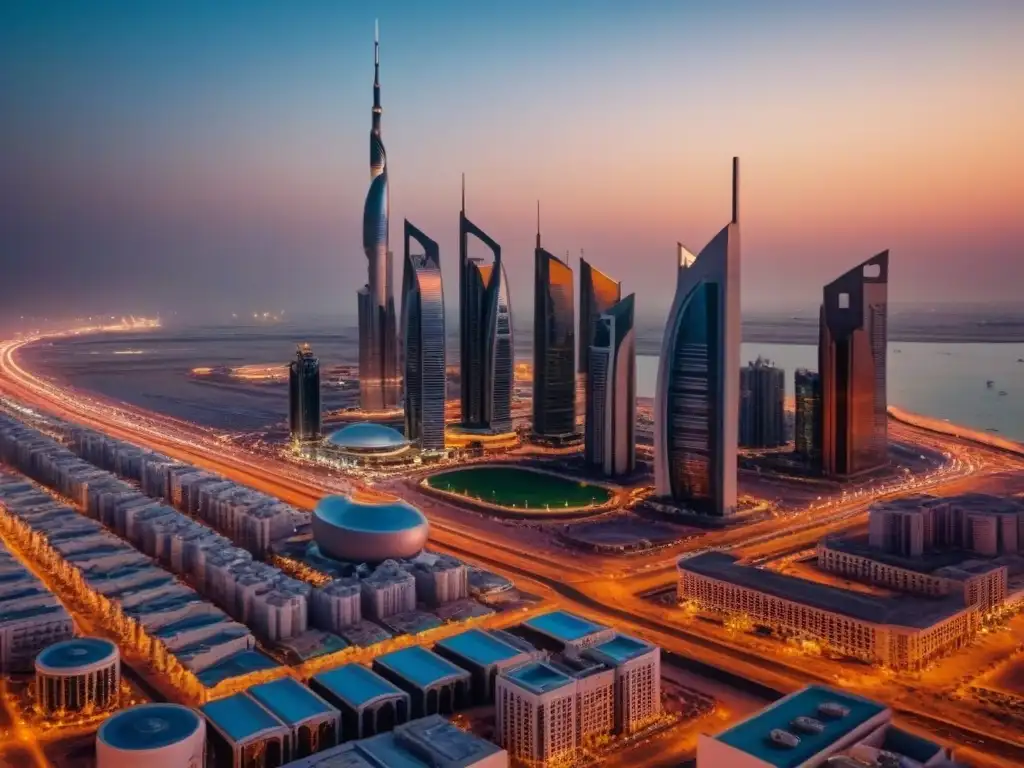 Horizonte de Kuwait al atardecer: modernidad y oportunidad inmobiliaria Vista aérea impresionante de Kuwait City al atardecer, con modernos rascacielos de vidrio reflejando tonos anaranjados y rosados del sol poniente