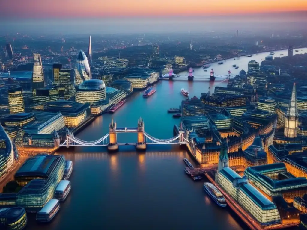 Espectacular skyline de Londres al atardecer Vista aérea impresionante de Londres al atardecer con el Támesis y emblemáticos edificios