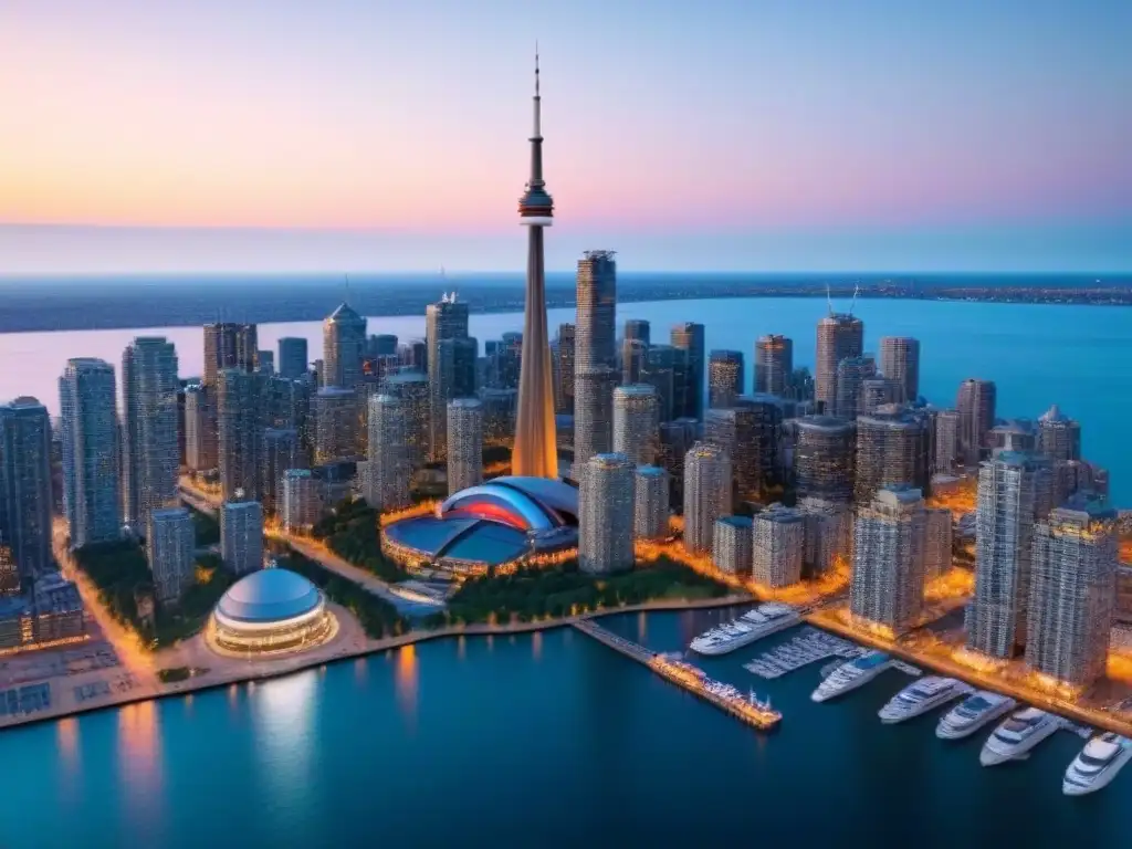 Espectacular atardecer en Toronto: CN Tower y rascacielos Una vista aérea impresionante de Toronto al atardecer, con la icónica CN Tower y el lago Ontario