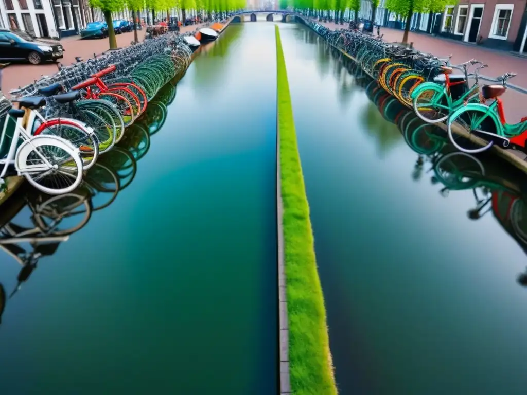 Amsterdam: Red de ciclovías verdes integradas en la ciudad Vista aérea impresionante de Ámsterdam con bicicletas y canales, ejemplo de Planificación urbana sostenible en Ámsterdam