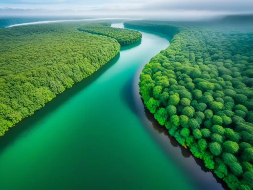 Paraíso ecológico: Bosque verde con río, inversión inmobiliaria sostenible Vista aérea impresionante de un bosque verde con río serpenteante, ideal para inversión inmobiliaria en turismo ecológico