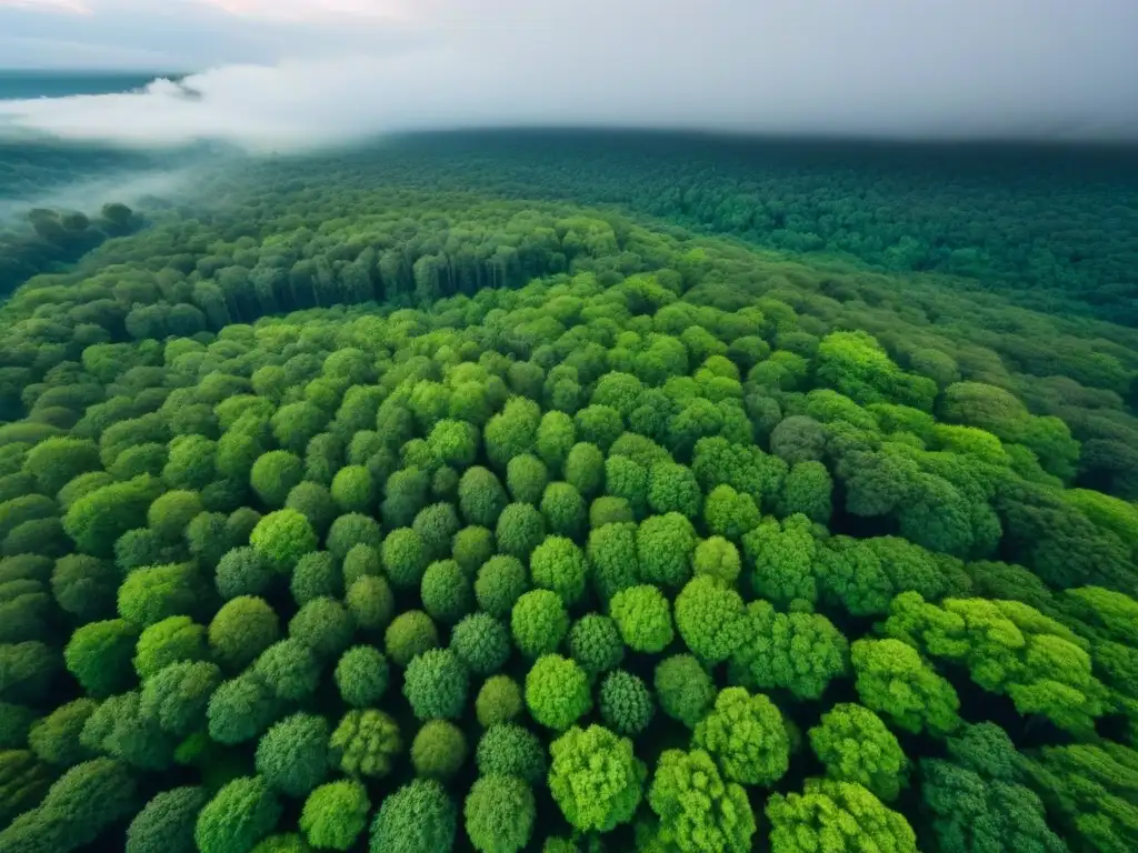 Bosque exuberante: luz y sombra en paraíso ecológico Vista aérea impresionante de un bosque verde exuberante, con el sol filtrándose entre las hojas