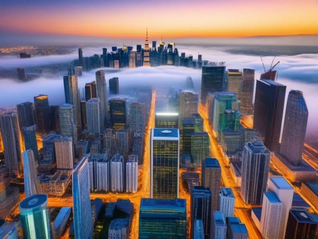 Skyline urbano: mercado inmobiliario global vibrante Vista aérea impresionante de la bulliciosa ciudad con rascacielos modernos y datos de inversión, conectividad global