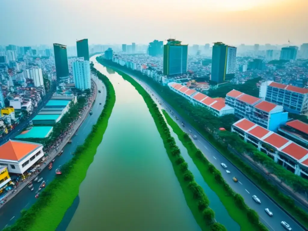Horizonte impresionante de Ho Chi Minh: fusión de tradición y modernidad Vista aérea impresionante de la bulliciosa ciudad de Ho Chi Minh, Vietnam, con rascacielos y calles vibrantes